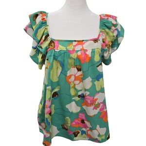 ee:some Women's Square Neck Ruffle Sleeve Floral Print Top Size S Spring Bright